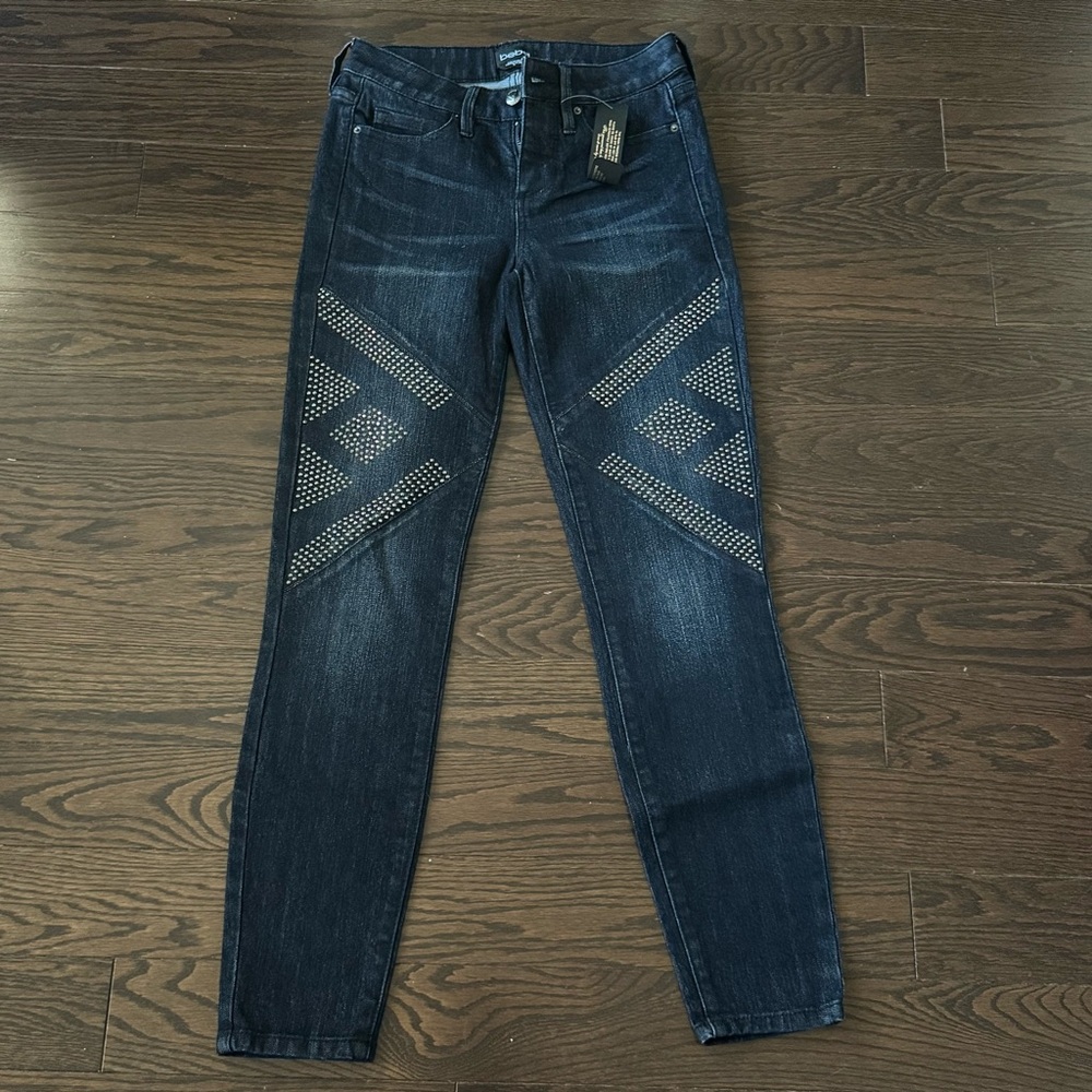 BEBE Dark Blue Rhinestone Detail Skinny Jeans